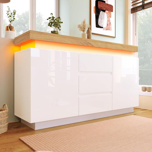 High Gloss White LED Sideboard Cabinet App Controlled Storage 2 Door 3 Drawer