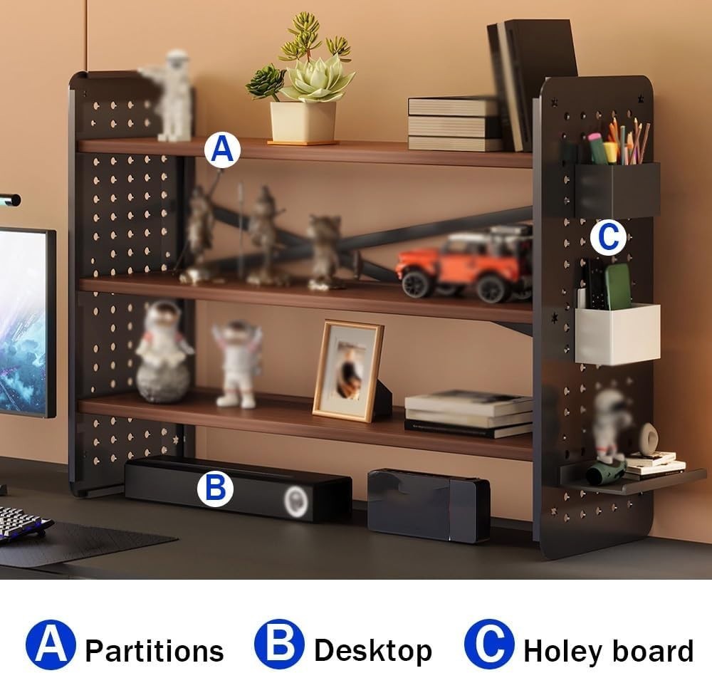3 Tier Desktop Organizer Hutch Adjustable Bookshelf Rack w/ Grid Panel 60cm