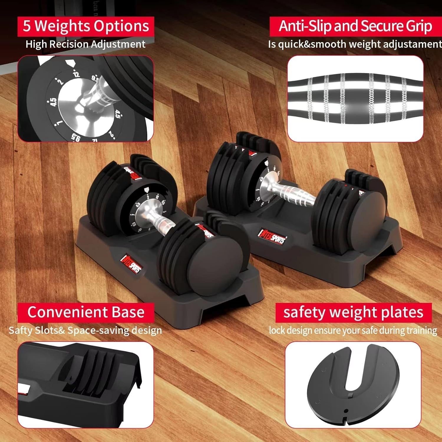 Quick Dial Adjustable Dumbbells 12kg Pair Space-Saving Non-Slip Weights