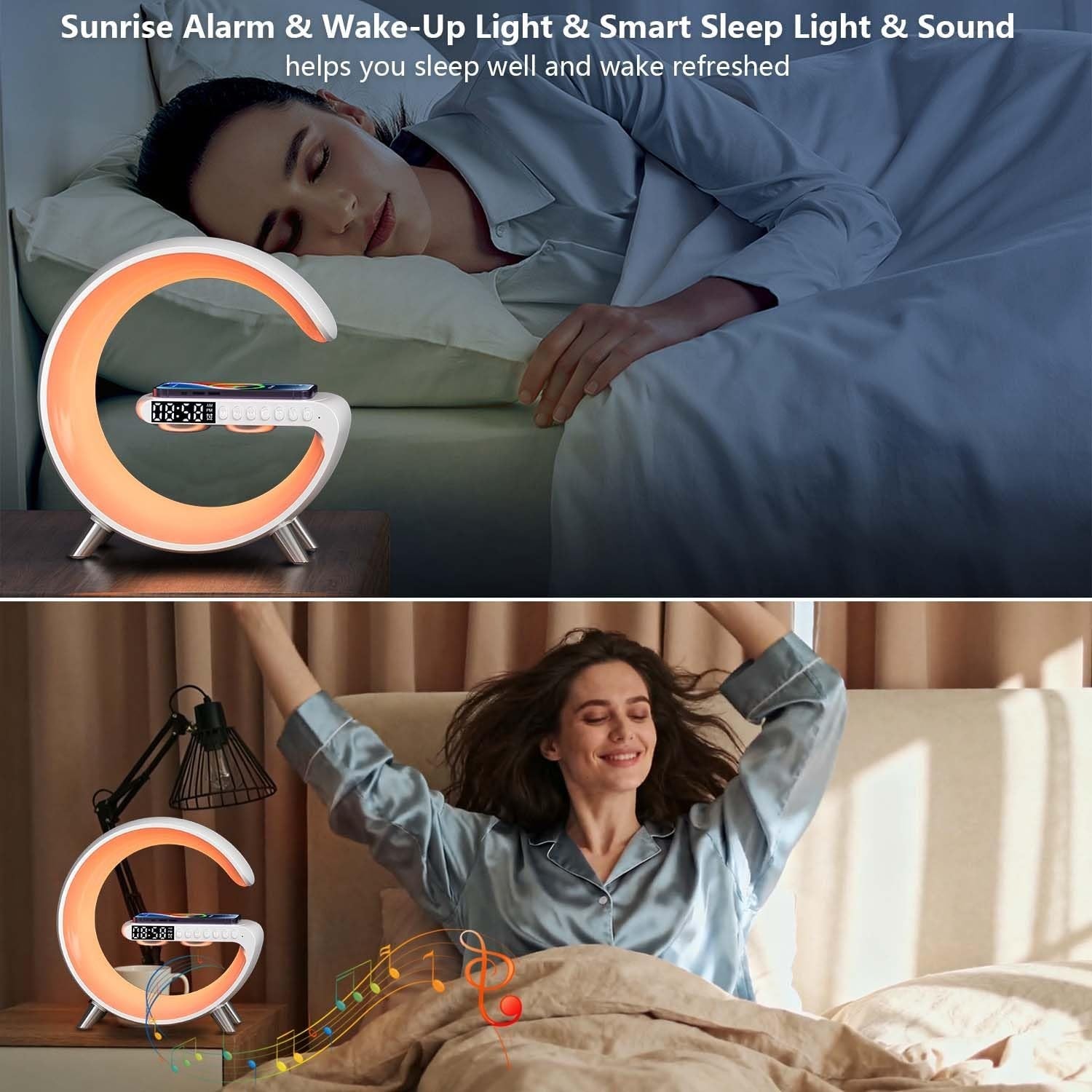White RGB G-Shape Wireless Charger Lamp 15W Bluetooth Speaker Alarm Clock