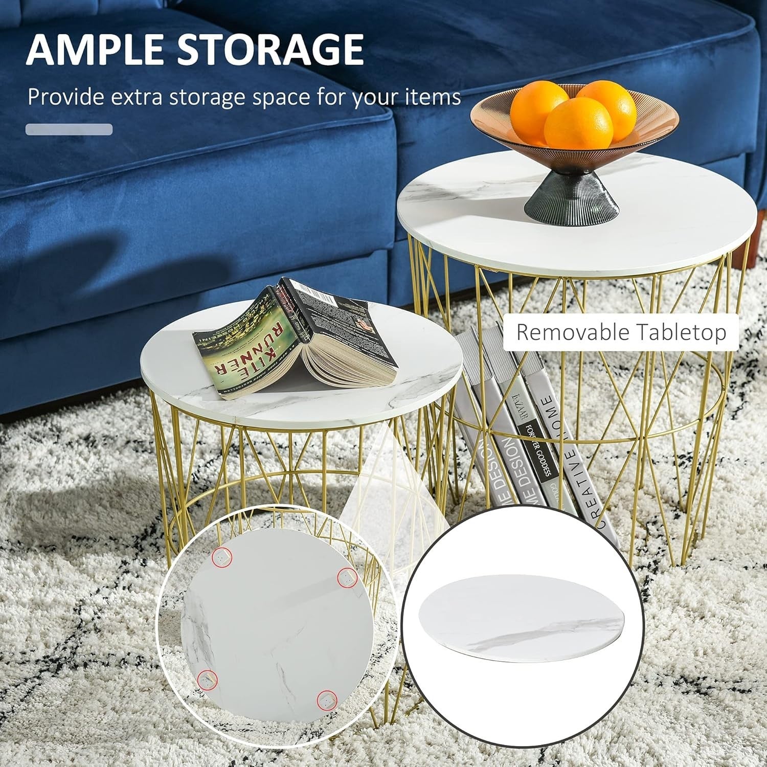 Set of 2 Gold Nesting Side Tables Round Coffee End Table Storage Marble Effect