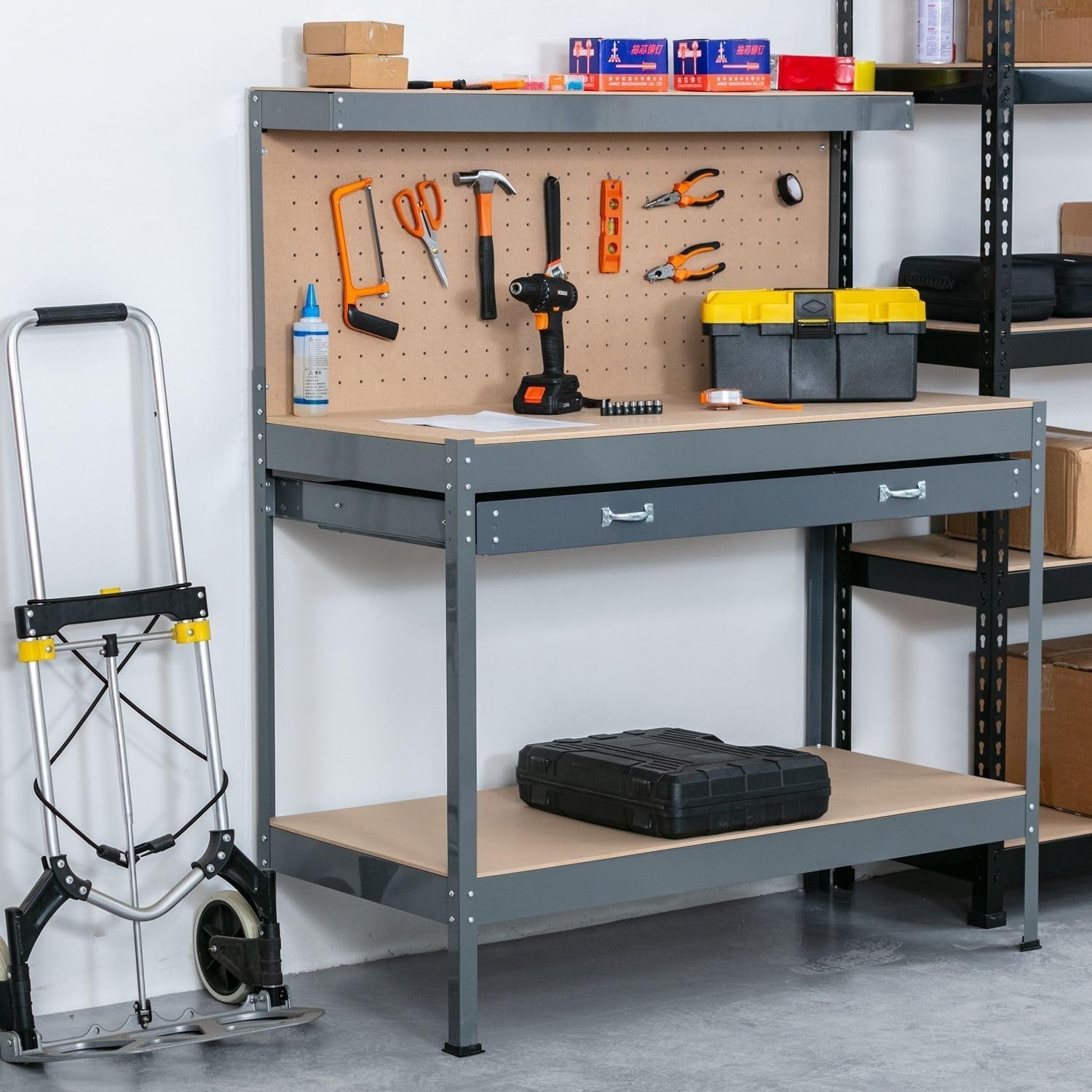 Grey Steel Garage Workbench Tool Station w/ Drawer Pegboard Shelf DIY Storage