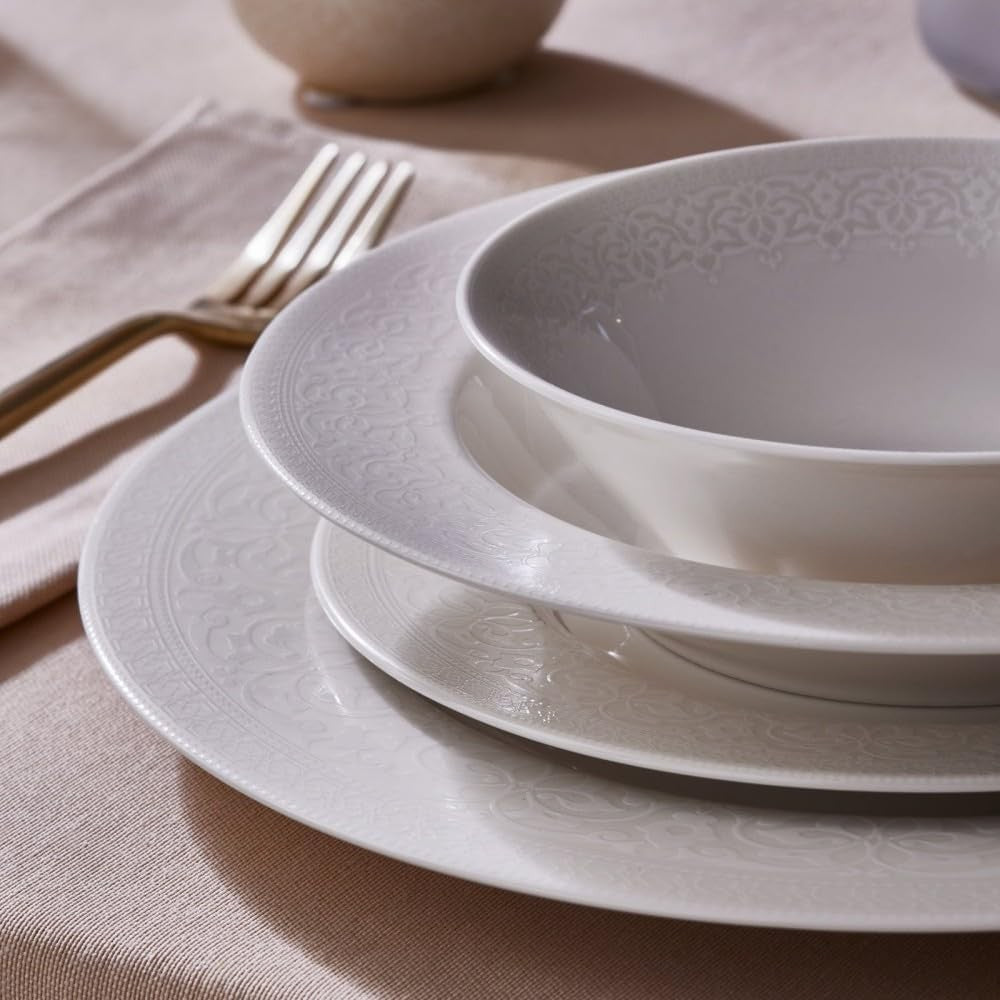 24pc Bone China Dinner Set White Plates Bowls Modern Tableware for 6