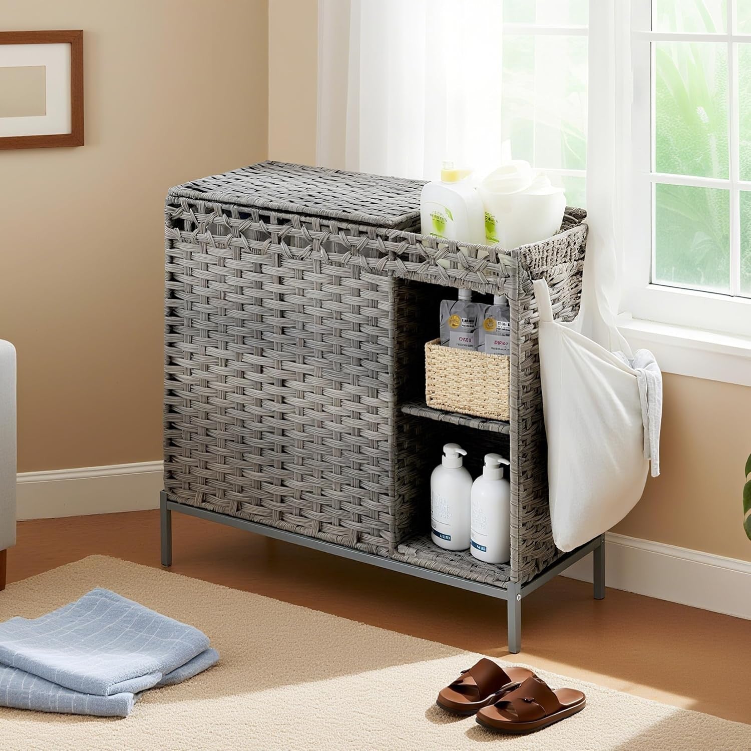 110L Grey Rattan Laundry Hamper 2 Section Basket with Lid & Storage Shelf