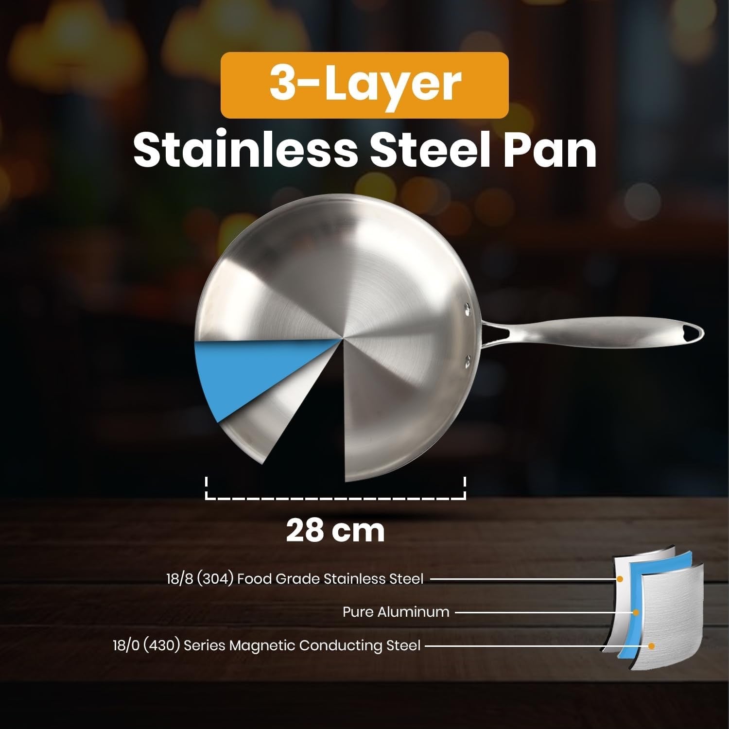 3-Ply Stainless Steel Frying Pan 28cm Cooking Pan Induction Oven Dishwasher Safe