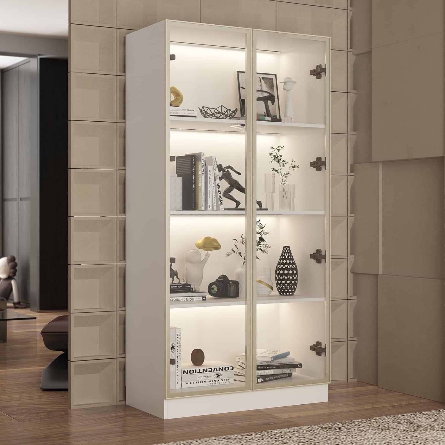 Glass Display Cabinet with LED Lights, 4 Shelves, Tall Storage Unit 160x80cm