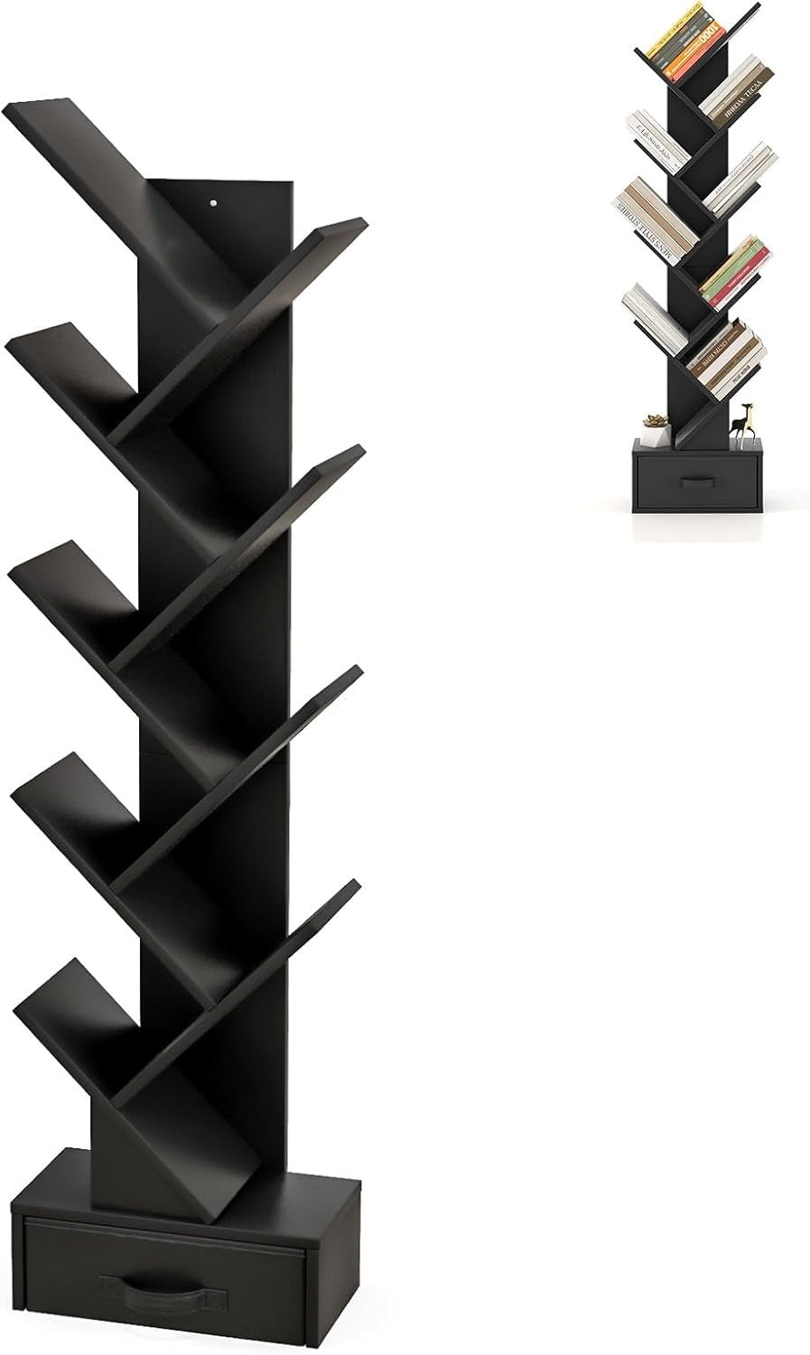 10 Tier Tree Bookshelf Floor Standing Slim Bookcase Modern Storage Rack Black