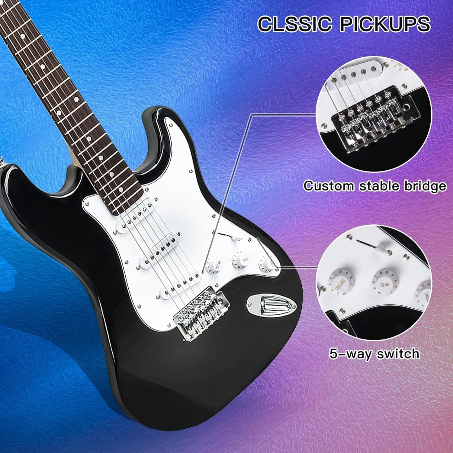 Full Size Electric Guitar Starter Kit Amp Stand Bag Tuner Black
