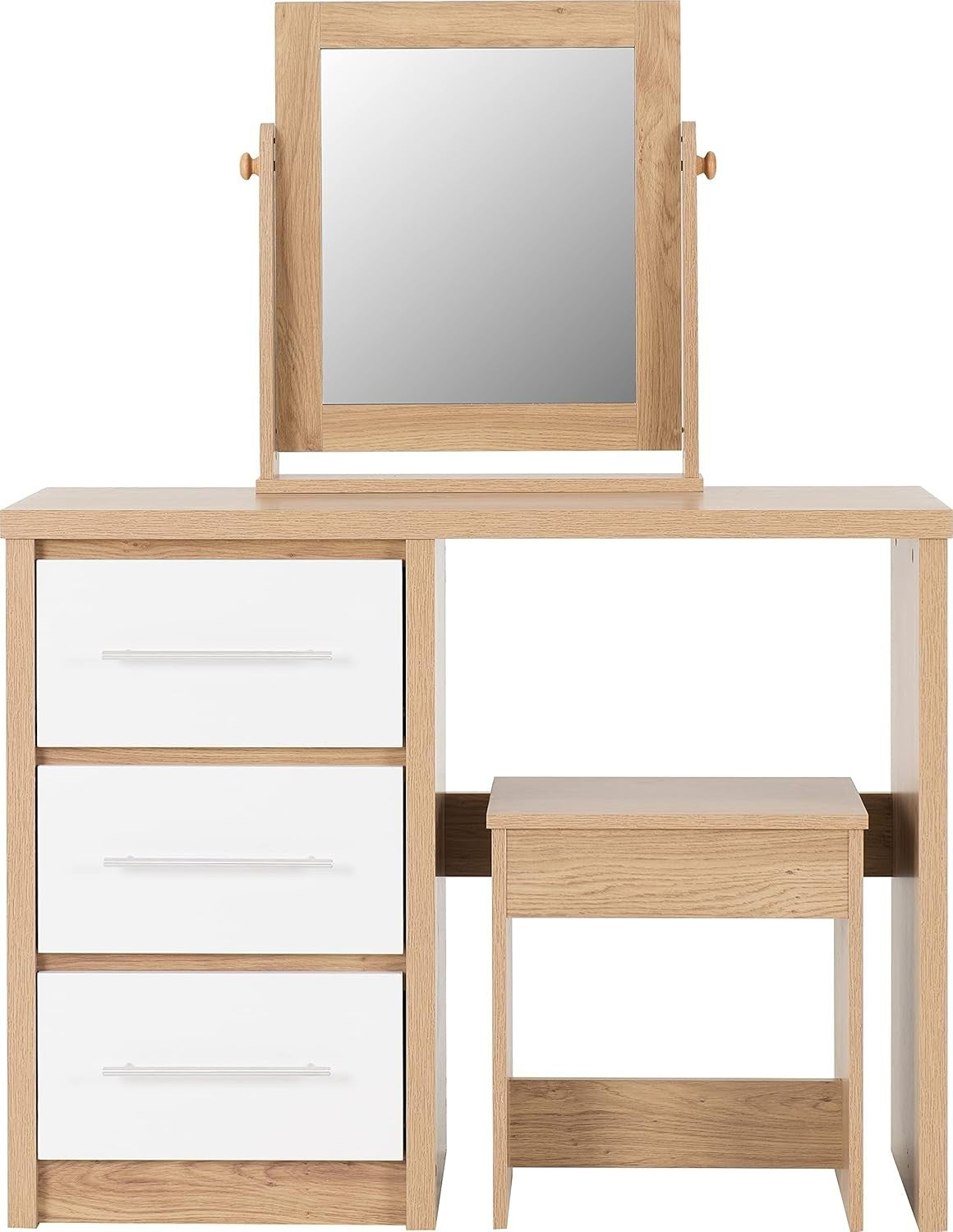 Modern Dressing Table White Gloss Light Oak Vanity Desk Mirror Stool 3 Drawers