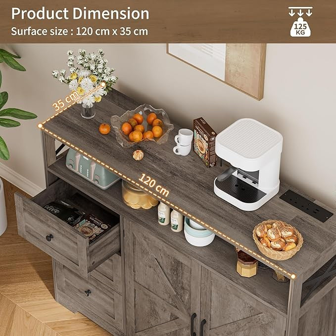 Wooden Sideboard Cabinet with Power Outlets 3 Drawer Storage Unit Grey