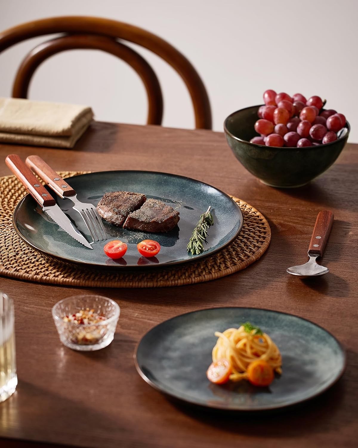 12pc Stoneware Dinnerware Set Plates Bowls Dark Green Service for 4