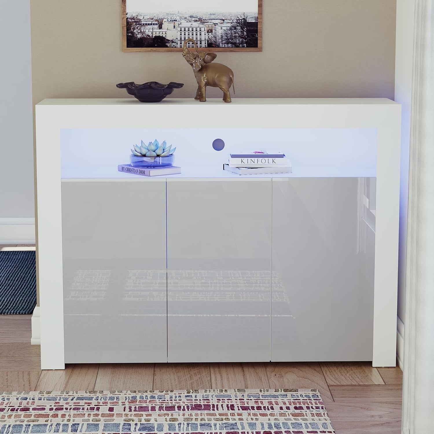 Modern White & Grey LED Sideboard 3 Doors 3 Drawers RGB Lighting Storage Cabinet