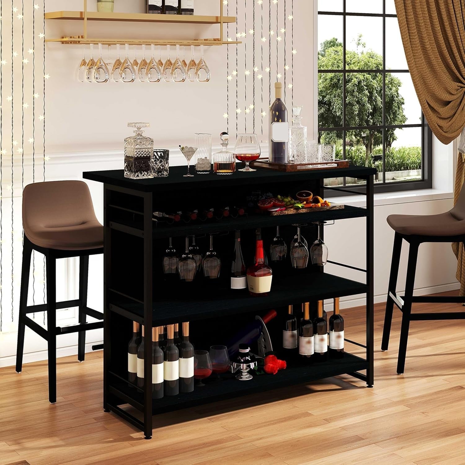 Industrial Kitchen Island Bar Table with Wine Rack Black 120x60cm