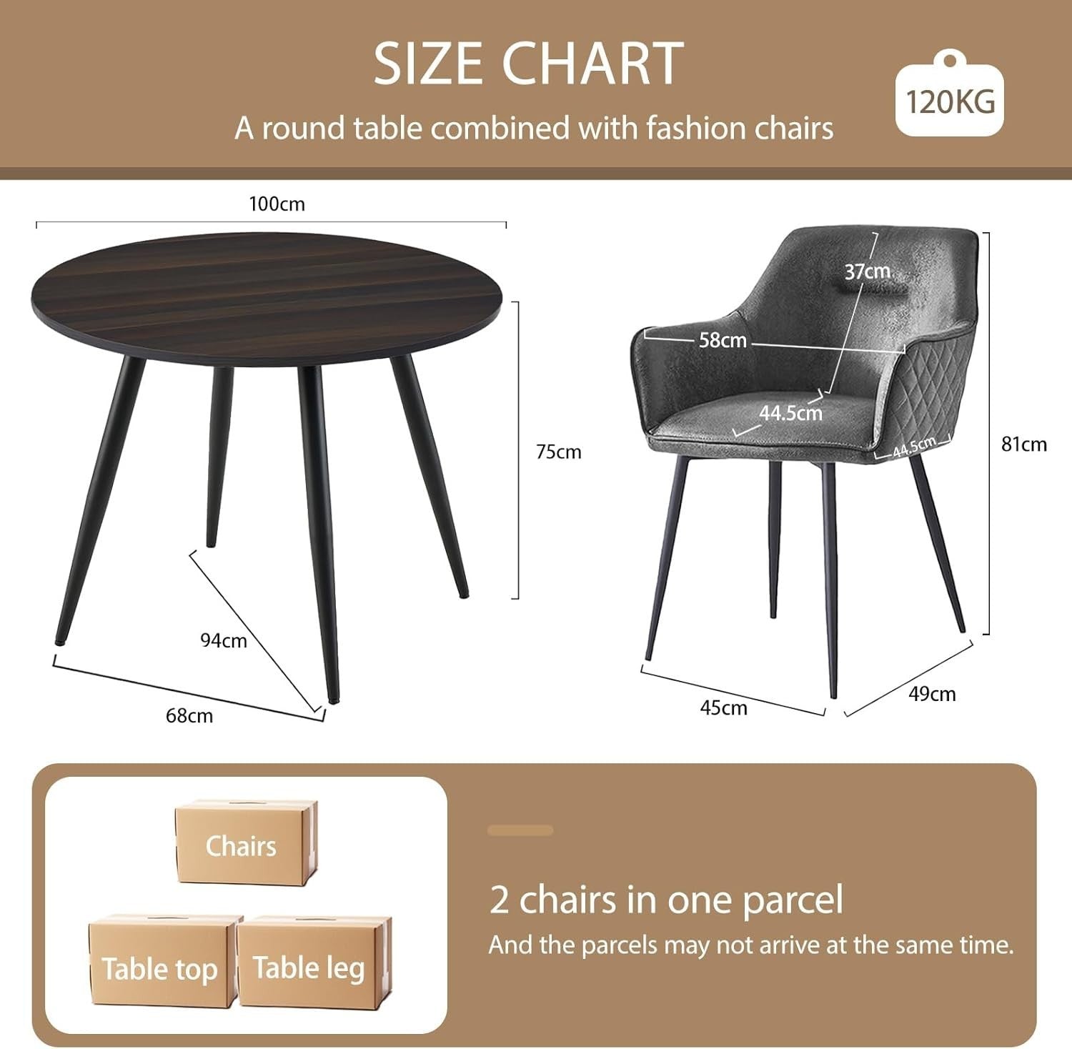 Round Dark Walnut Dining Table Set with 2 Grey Faux Suede Chairs Kitchen