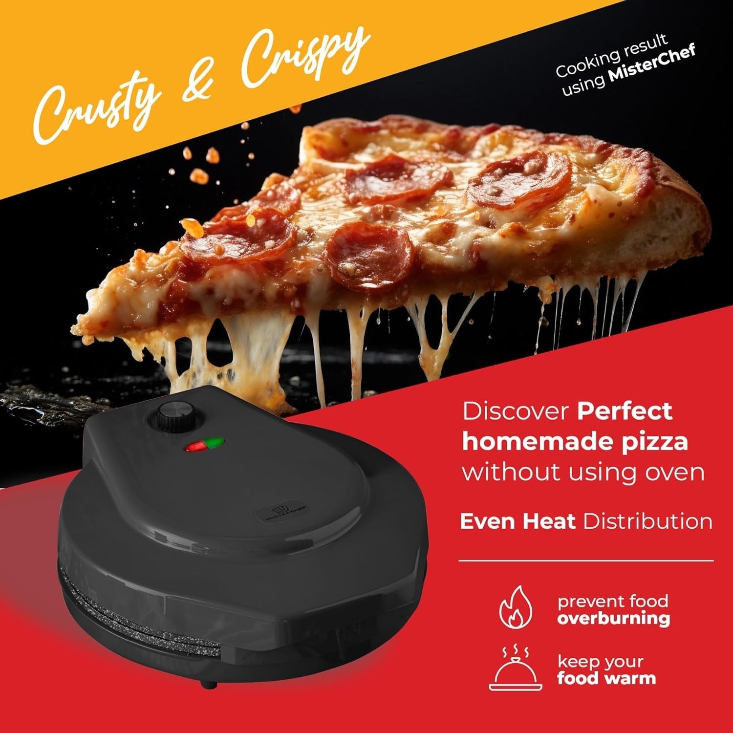 Electric Pizza Maker 1450W 12" Ceramic, Fast Bake, Non-Stick, Crusty Base