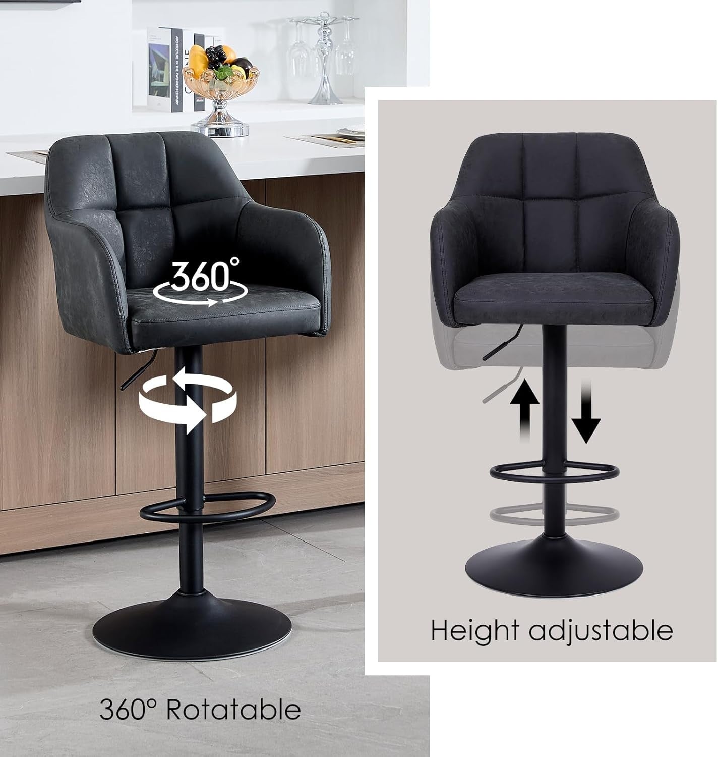 Set of 2 Dark Grey PU Leather Swivel Bar Stools Adjustable Height Modern