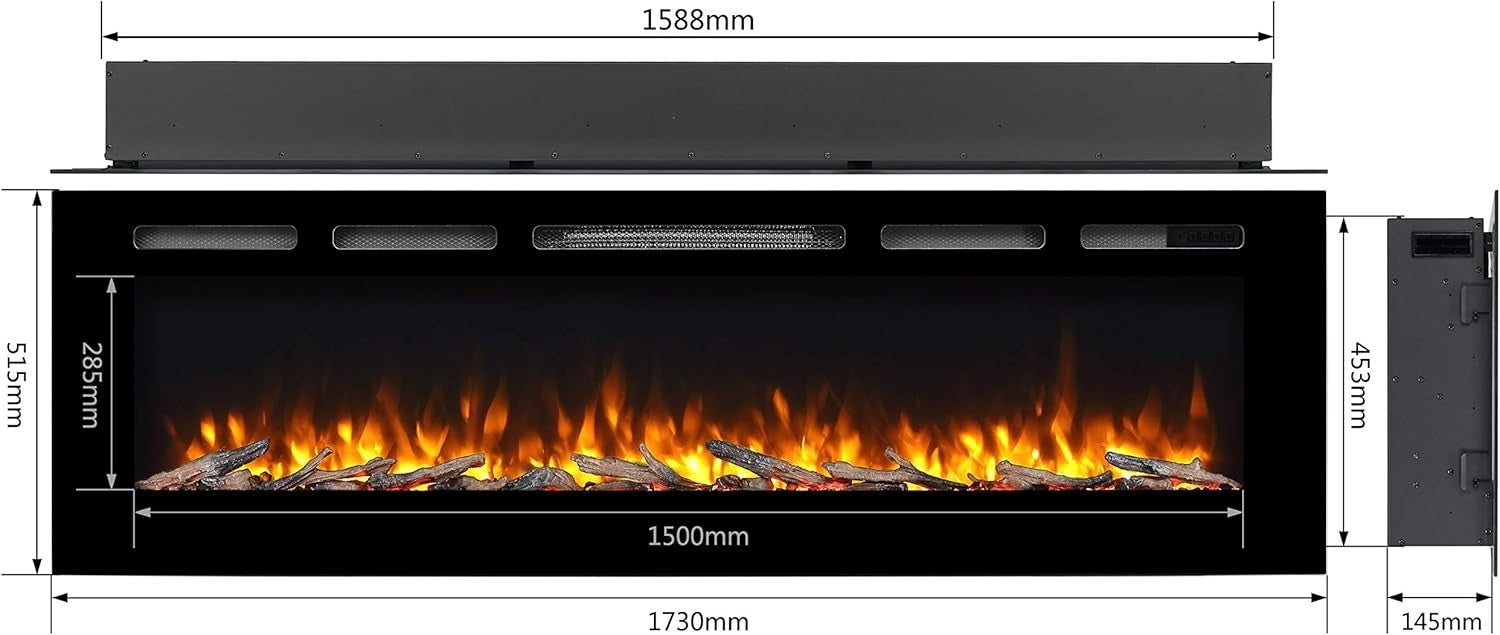 Programmable Recessed Electric Fireplace 68” | Remote, 3 Flame Modes, Timer