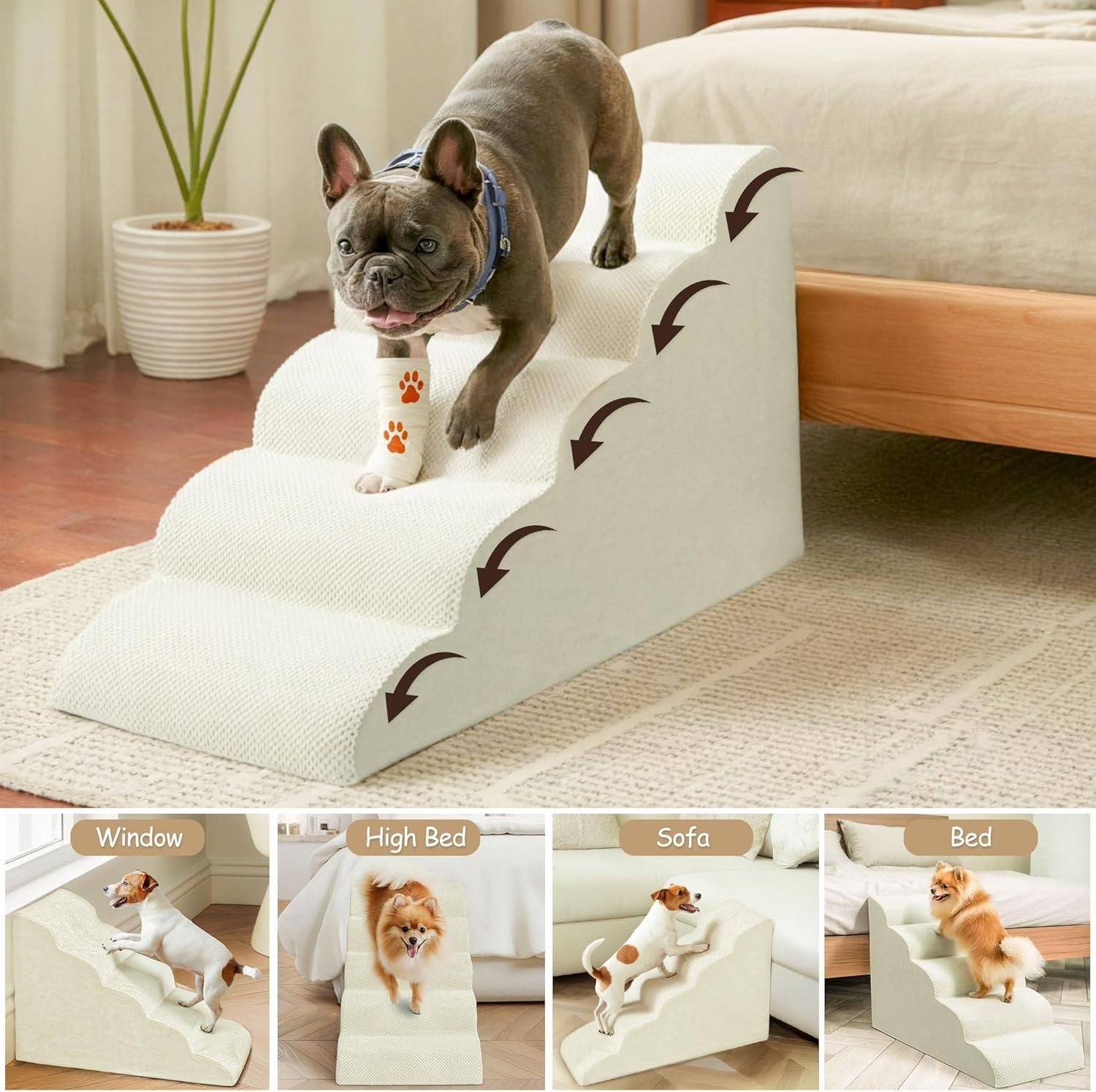 3 Step Dog Stairs Foam Pet Ramp for Sofa Bed Non Slip Beige