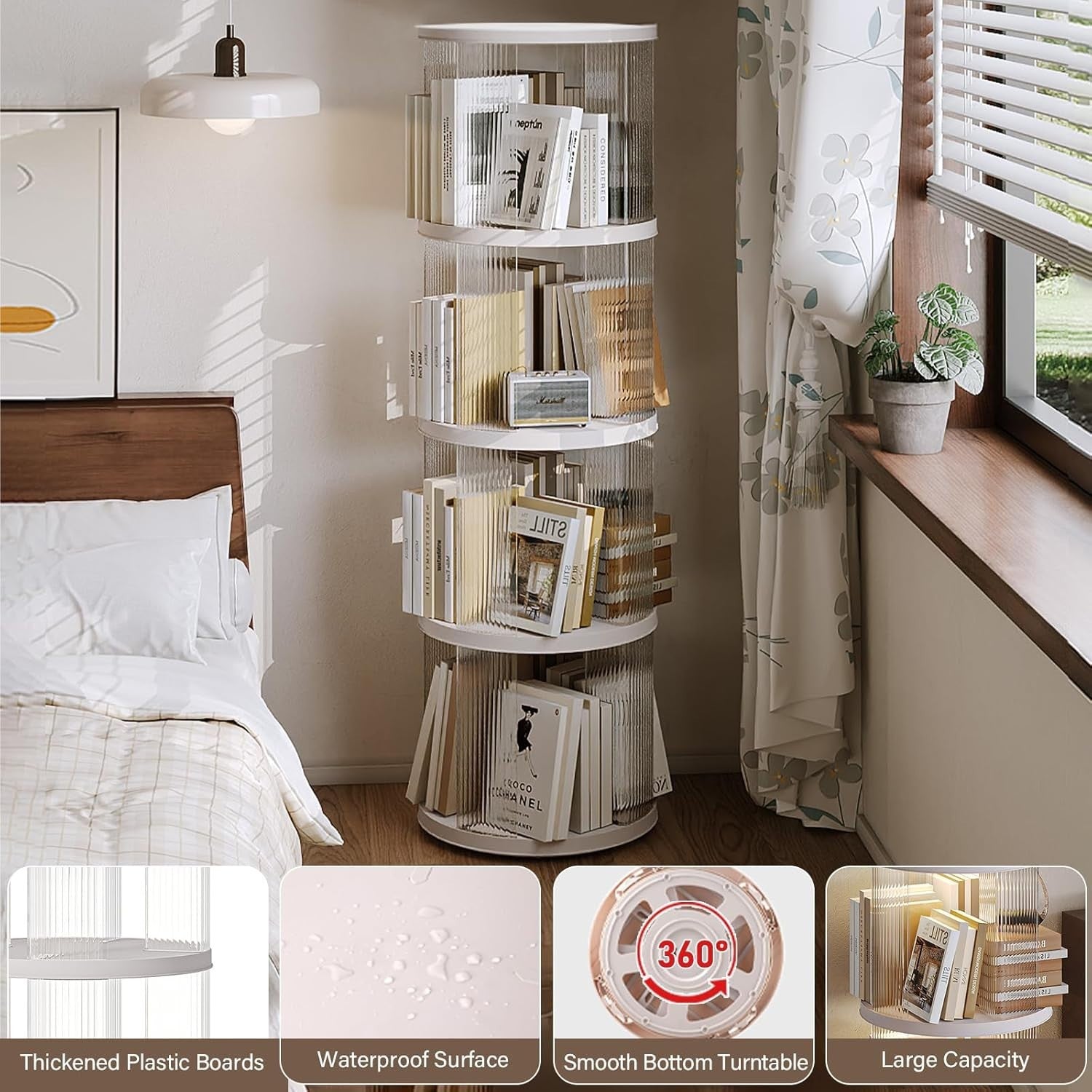 360° Rotating  Round Plastic Corner Bookshelf 4-Tier Floor Standing Shelf White
