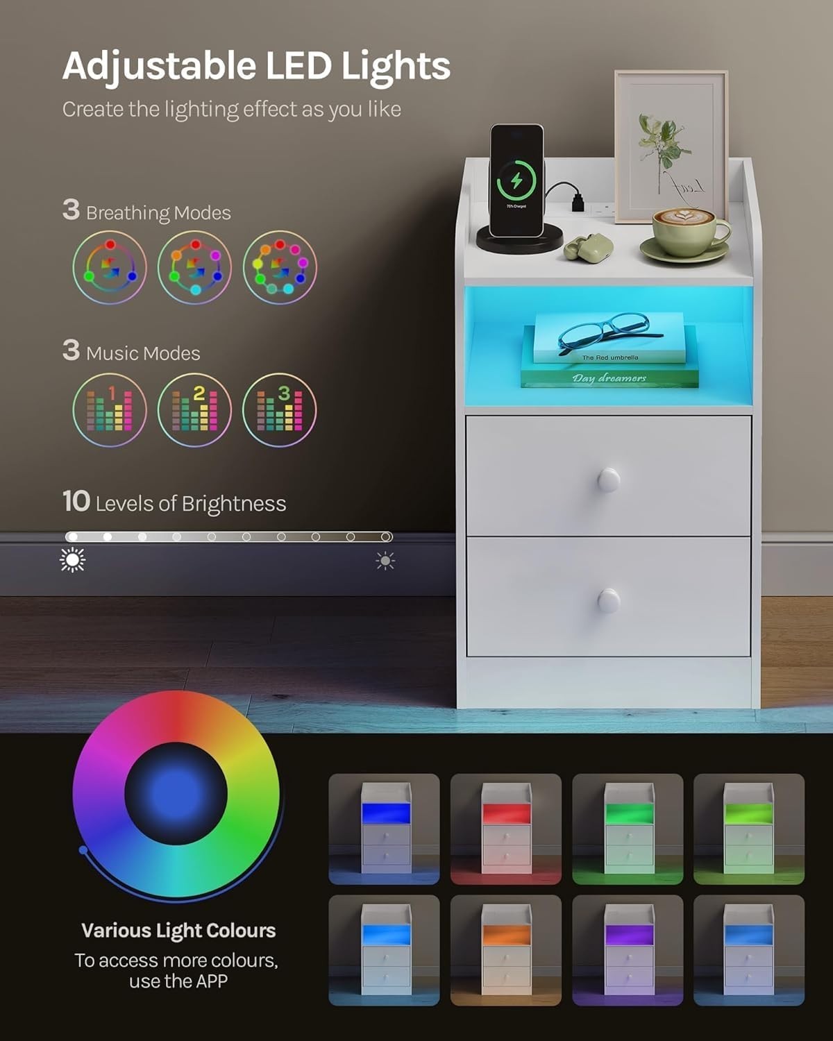 Set of 2 Smart Bedside Tables with USB Ports, LED Lights & 2 Drawers, White