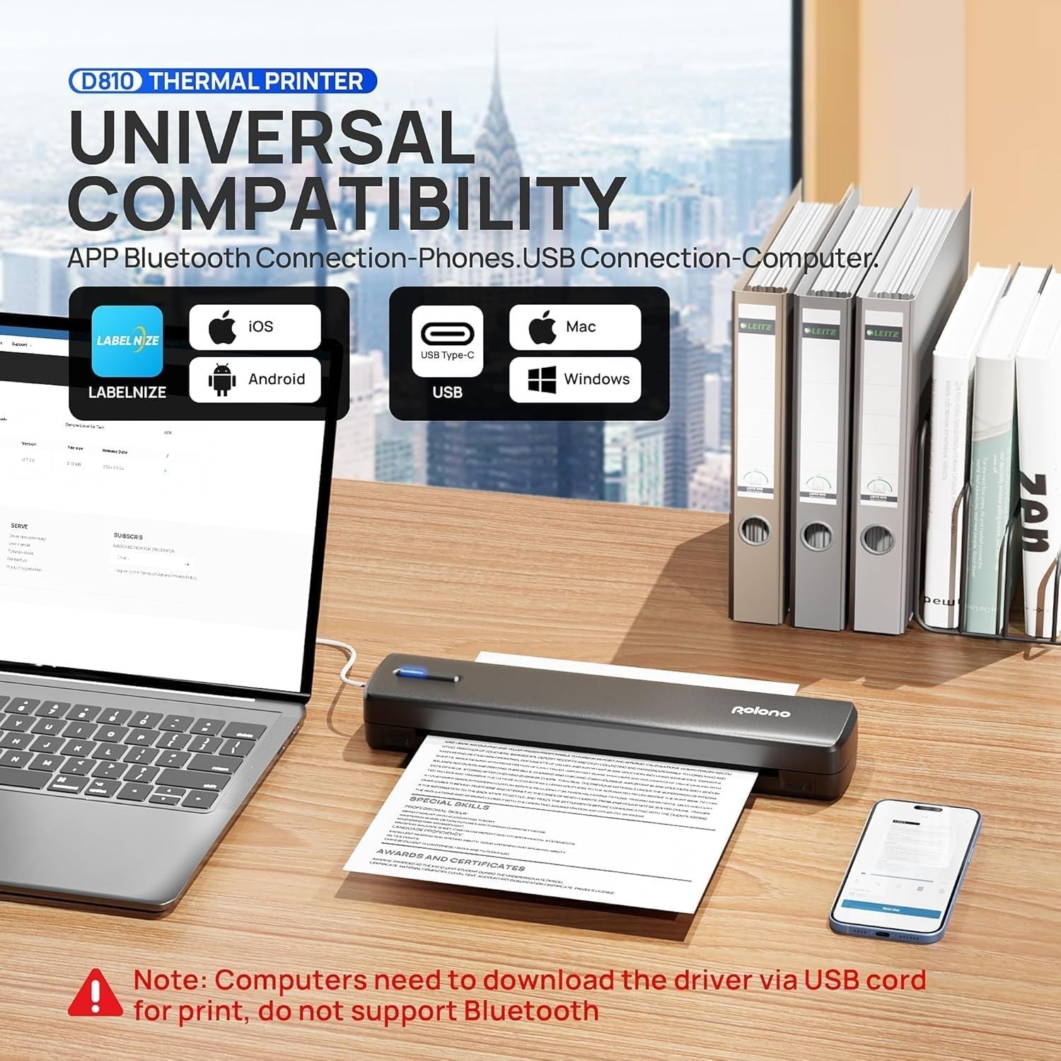 Portable A4 Wireless Thermal Printer Bluetooth Inkless Brown Travel Office