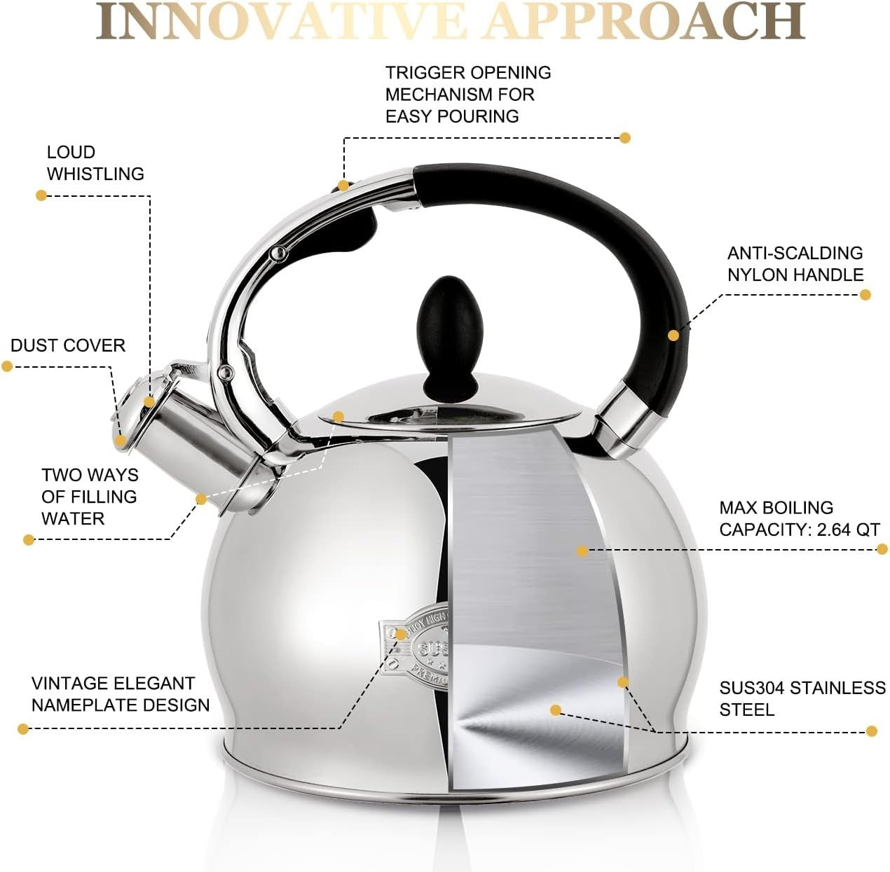3L Stainless Steel Whistling Tea Kettle Stove Top Teapot Silver
