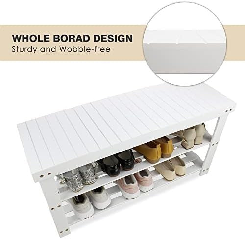 3-Tier White Bamboo Shoe Rack Bench with Storage Shelf & Durable Design