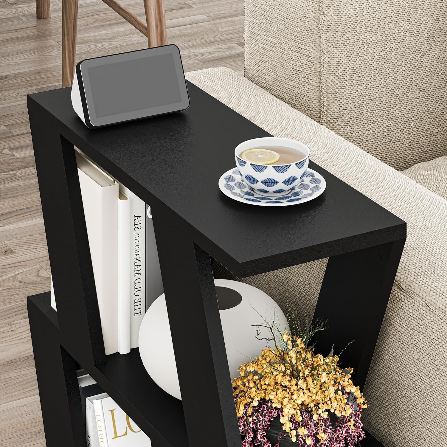 Slim 2 Tier Narrow Side Table with Storage Shelves | Modern Black End Table