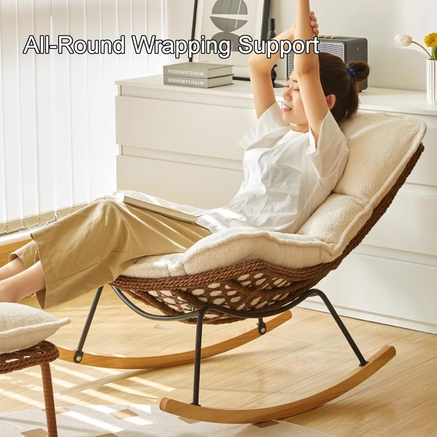 Oversized Brown Rattan Rocking Chair with Plush Leather Upholstery & Sturdy Fram