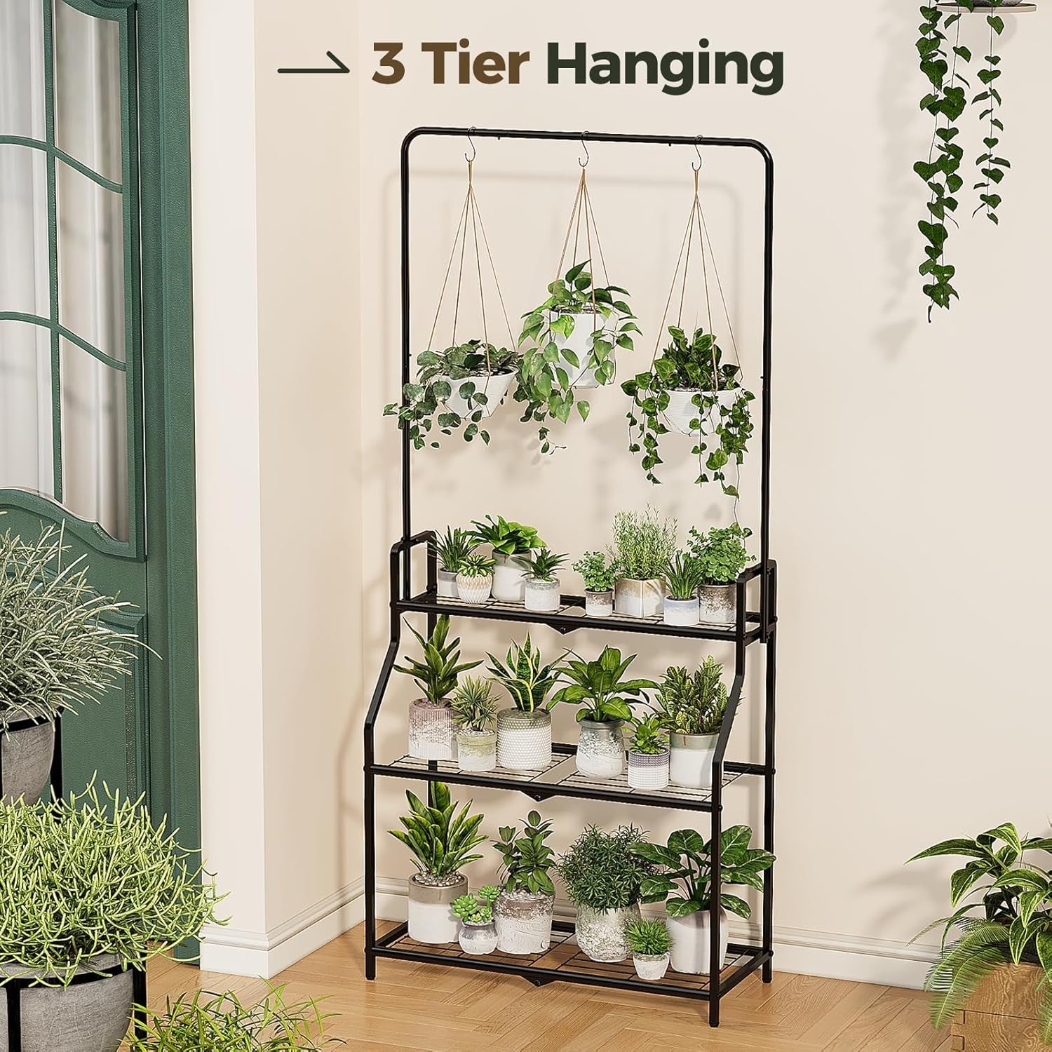 3 Tier Hanging Metal Plant Stand Black  Indoor Outdoor Flower Pot Shelf Rack