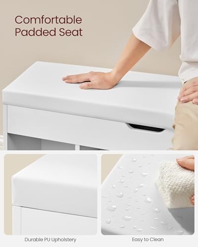 White Shoe Storage Bench with Cushion 3 Compartments Hidden Seat Shelves
