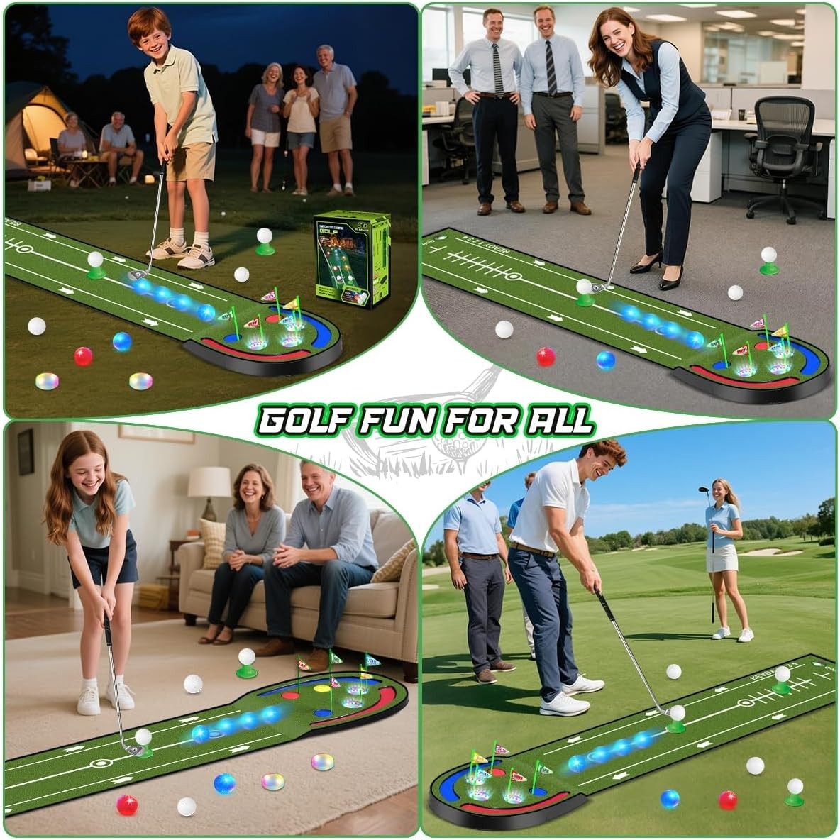 Kids Golf Putting Mat LED Light Up 7.8ft Training Green Indoor Outdoor