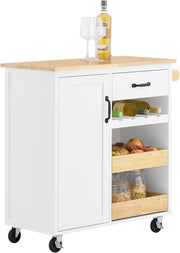 Rolling Kitchen Island Cart with Rubberwood Top, Storage & Locking Wheels, White