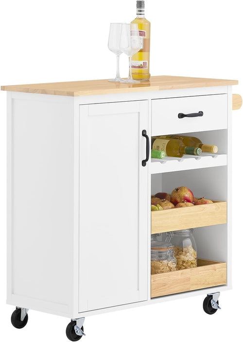 Rolling Kitchen Island Cart with Rubberwood Top, Storage & Locking Wheels, White