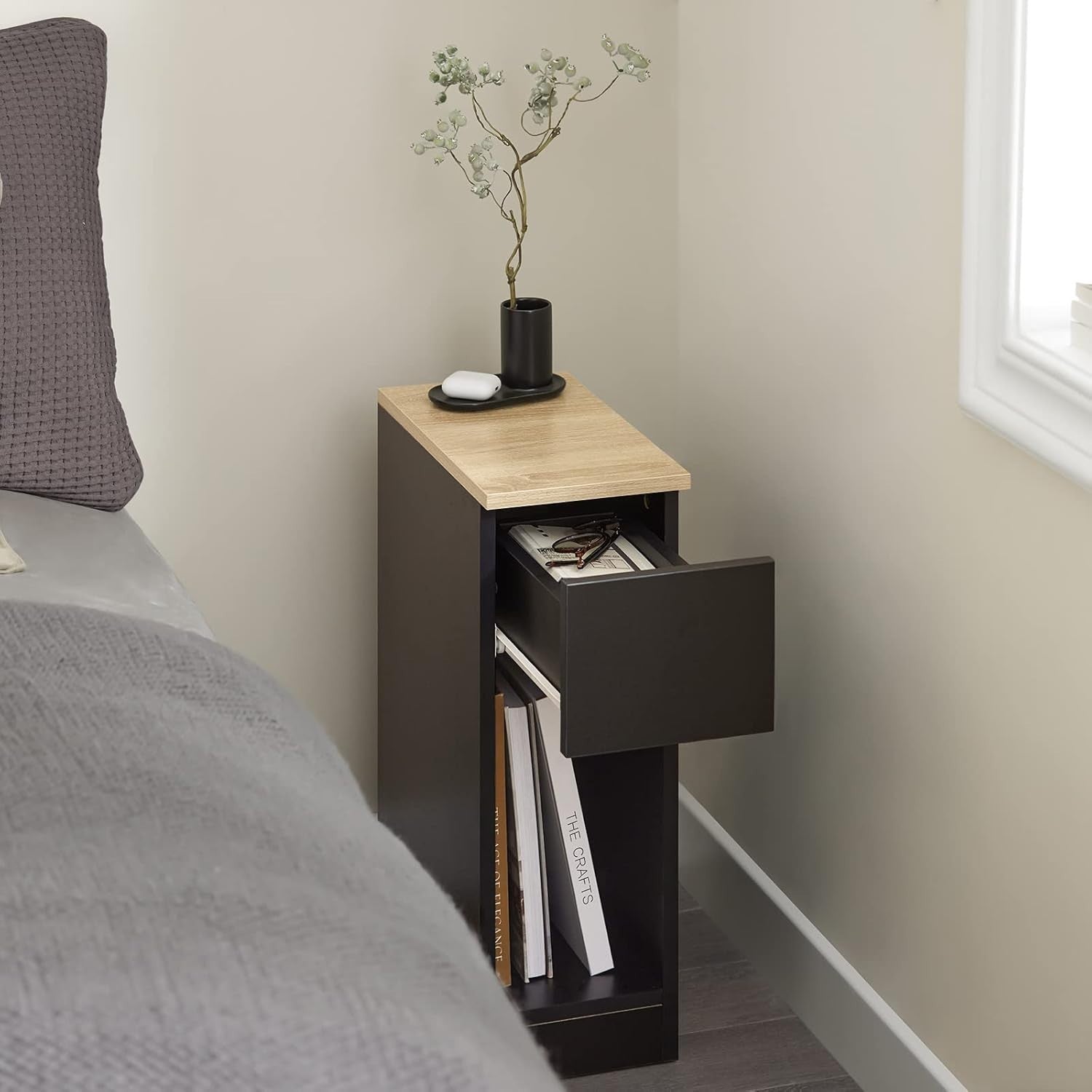 Set of 2 Slim Black Bedside Tables with Drawer & Shelf | Modern Narrow