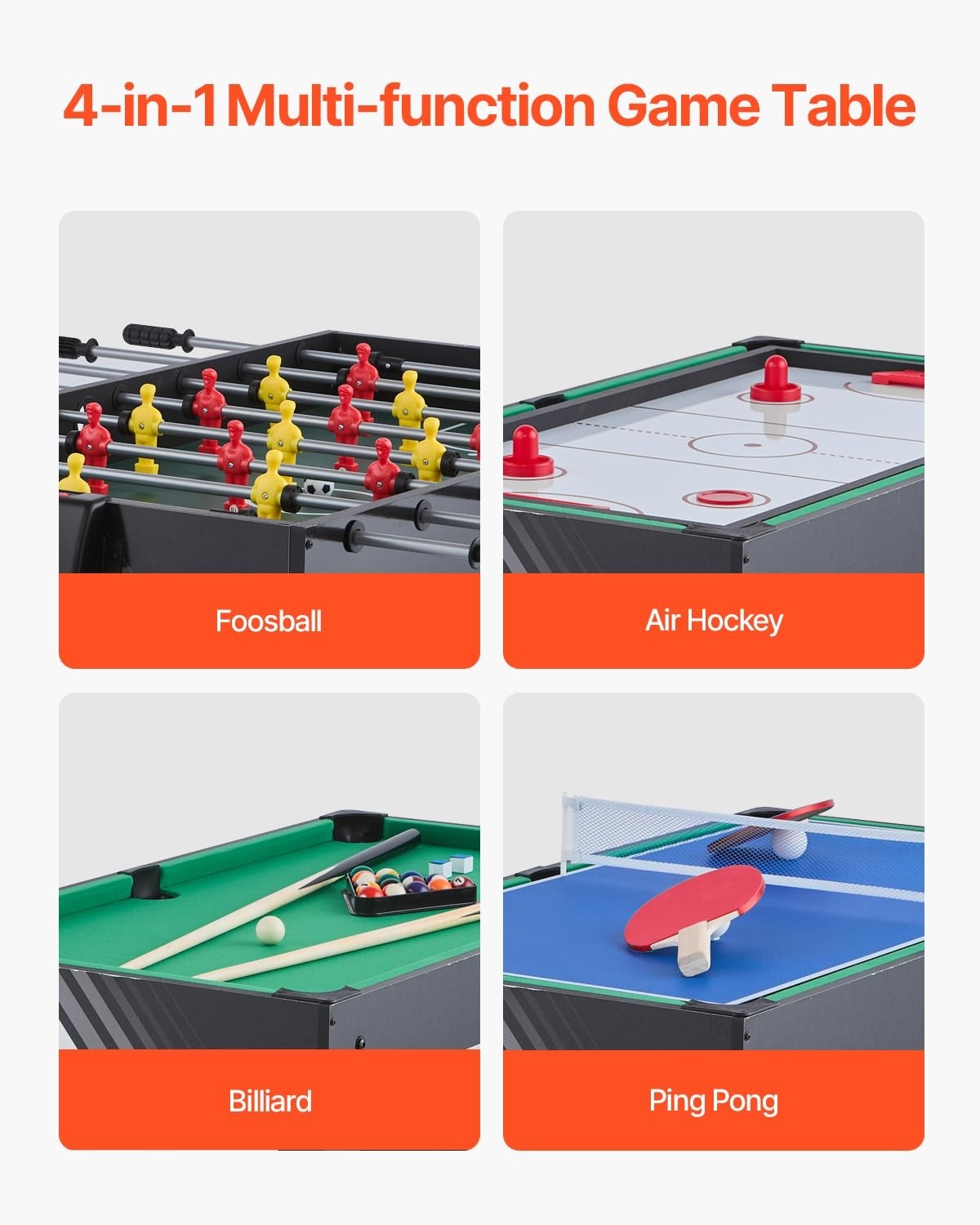 48 Inch 4 in 1 Game Table Air Hockey Pool Foosball Tennis Combo