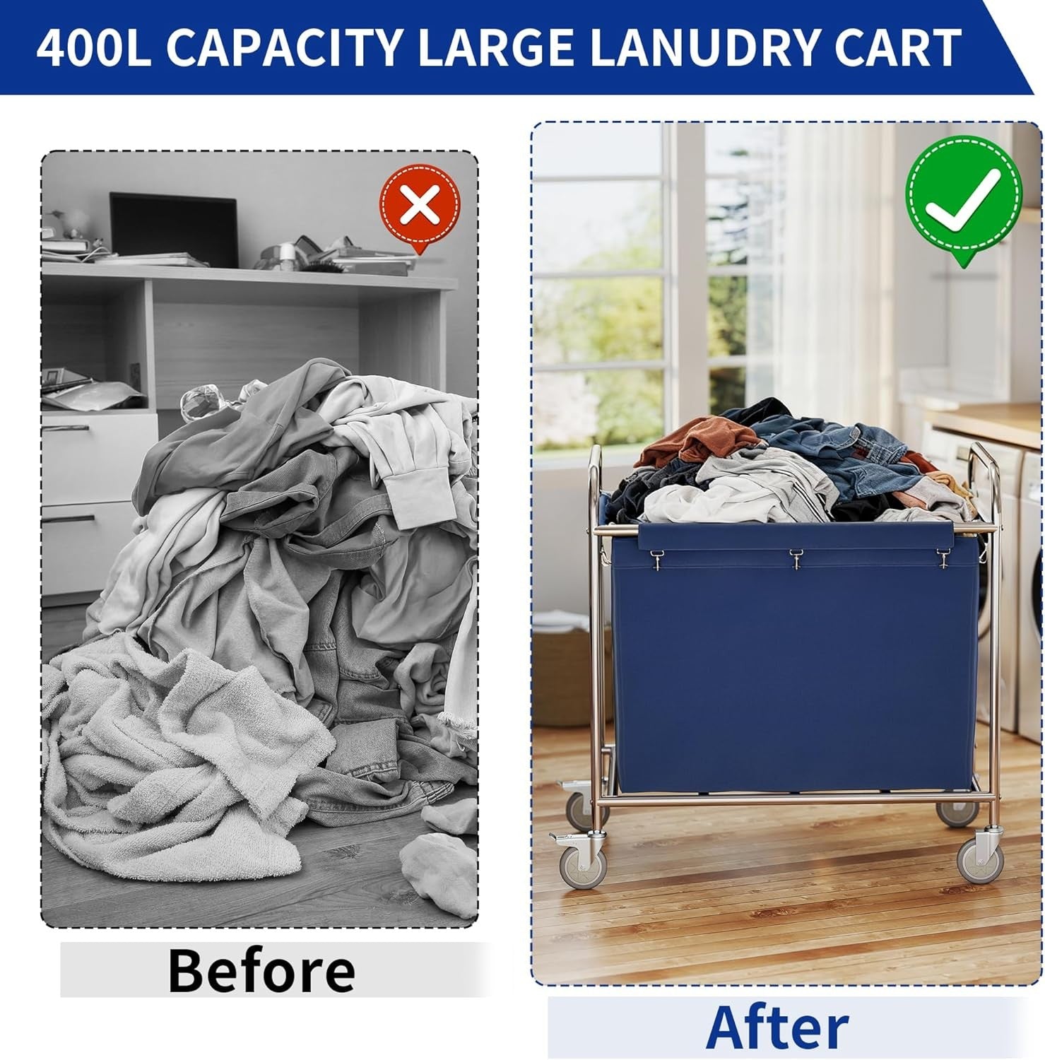 400L Commercial Laundry Cart on Wheels – Heavy Duty Trolley with Waterproof Line