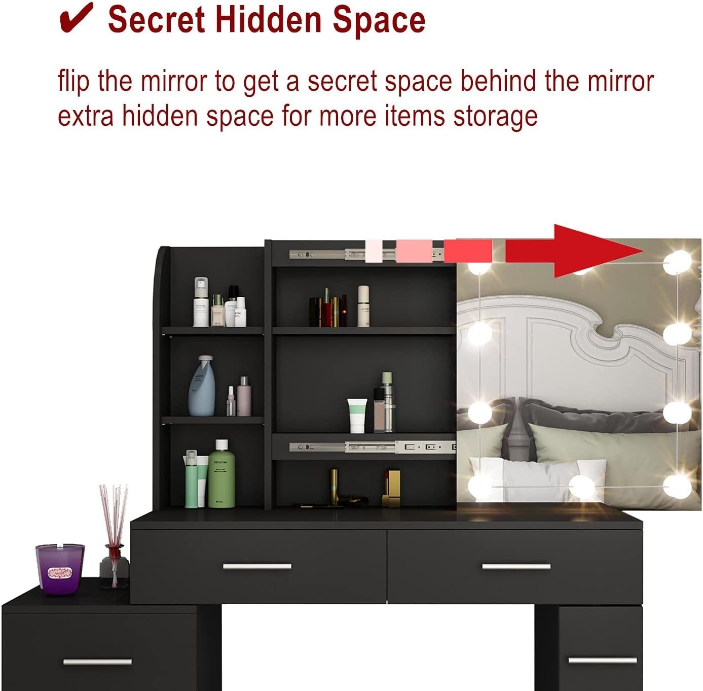 Black Vanity Dressing Table Set w/ Lights Mirror 12 Storage Drawers Modern