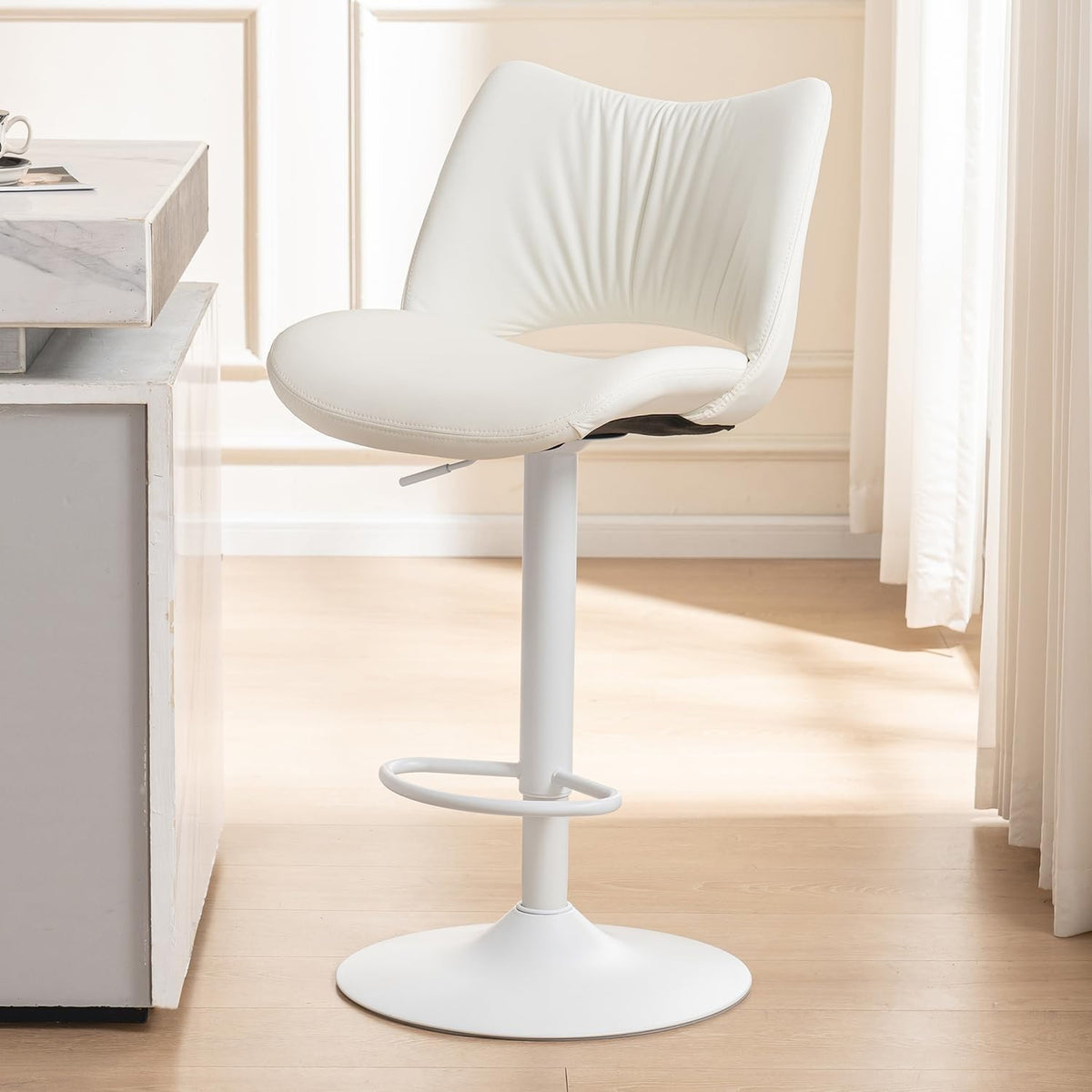 Adjustable Bar Stool 1pc White PU Leather Swivel Counter Kitchen Chair
