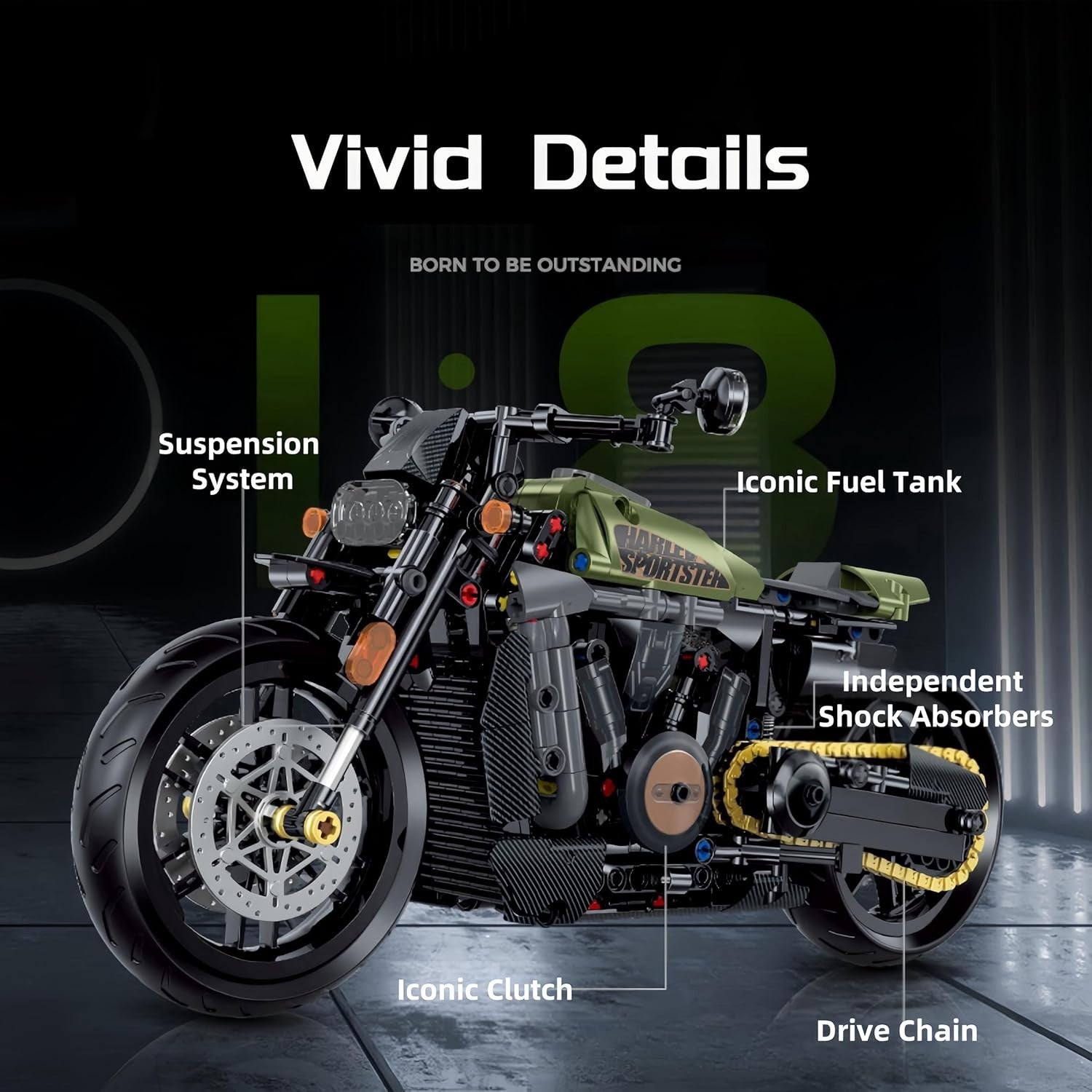 Realistic 618pcs Motorcycle Model Kit with Suspension & Moving Parts