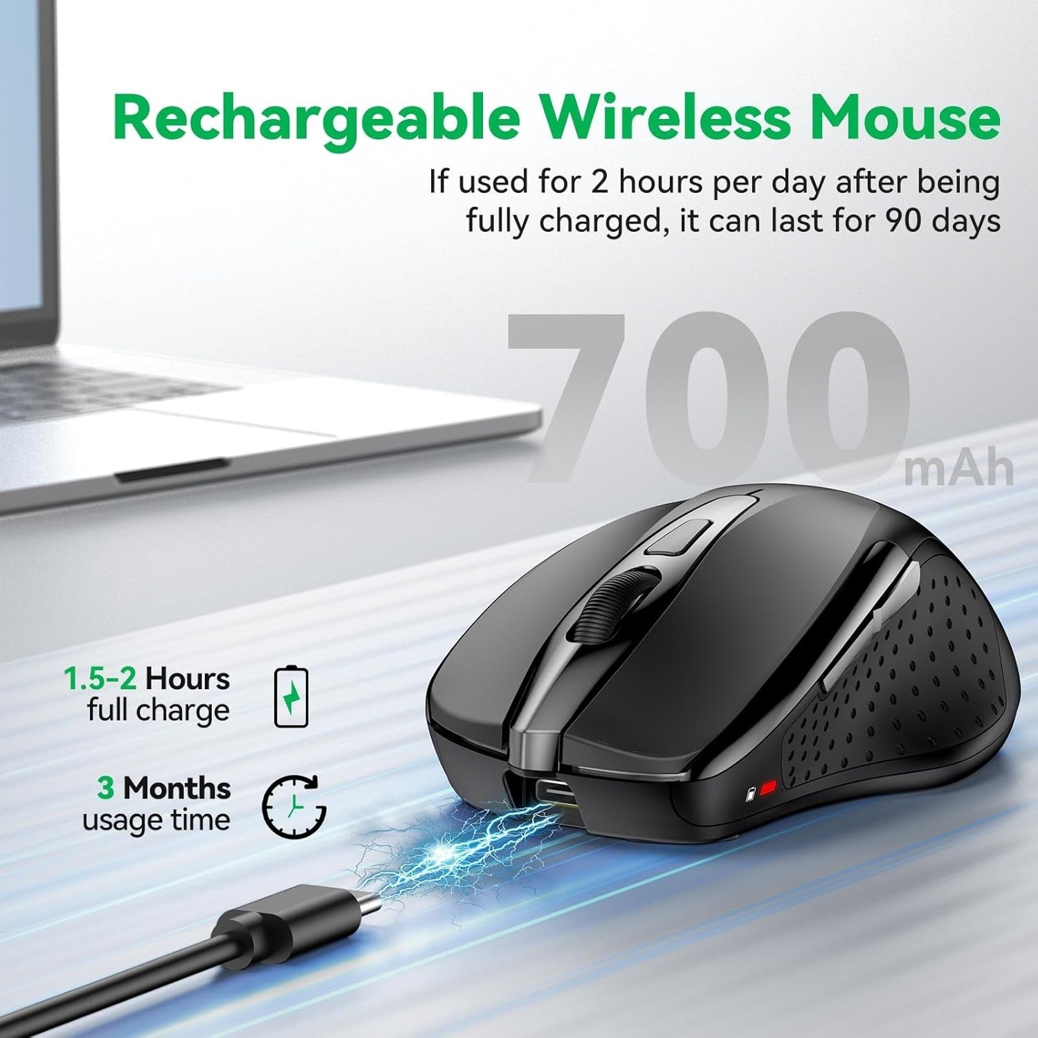 Silent Rechargeable Bluetooth Mouse 4800 DPI Ergonomic Black Wireless Laptop PC