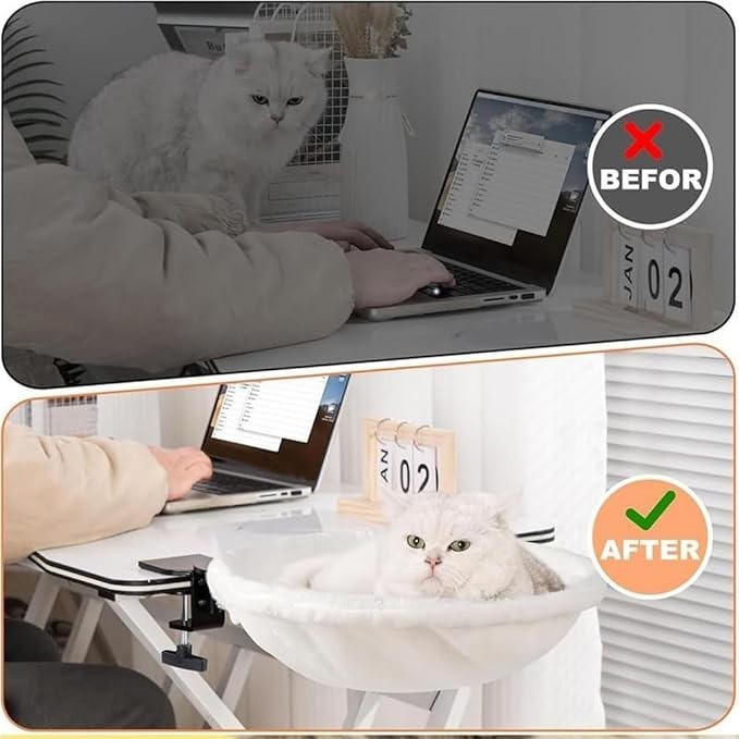 180° Rotating Cat Desk Nest Faux Fur Semi Circle Bed White