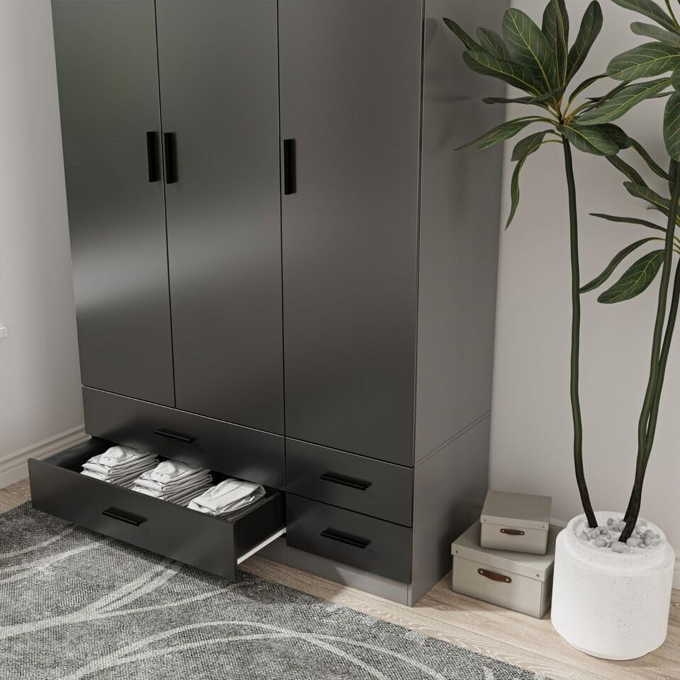 Black & Grey 3 Door Wardrobe 4 Drawers Rail Bedroom Cupboard Storage Modern