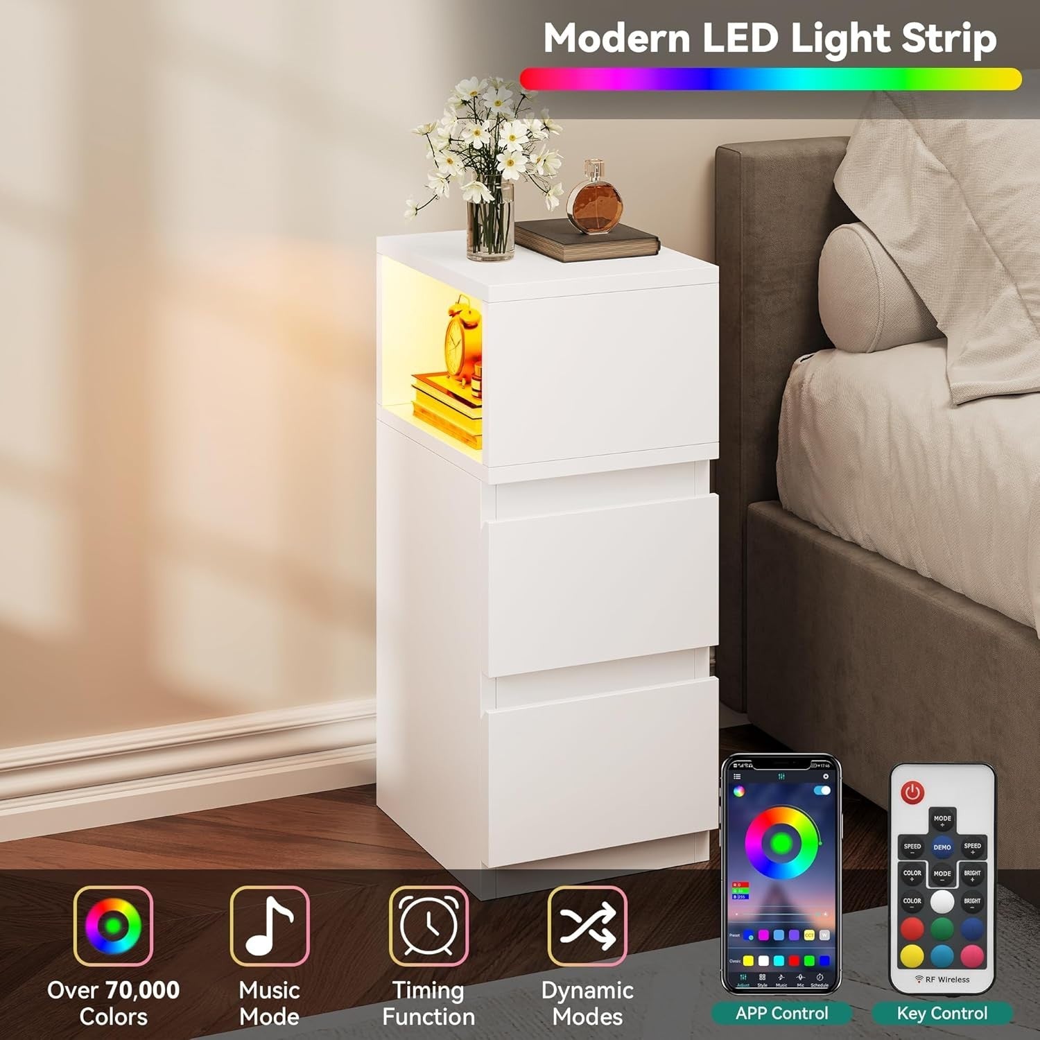 Slim LED Bedside Table with 2 Drawers – Modern White Nightstand Open Storage