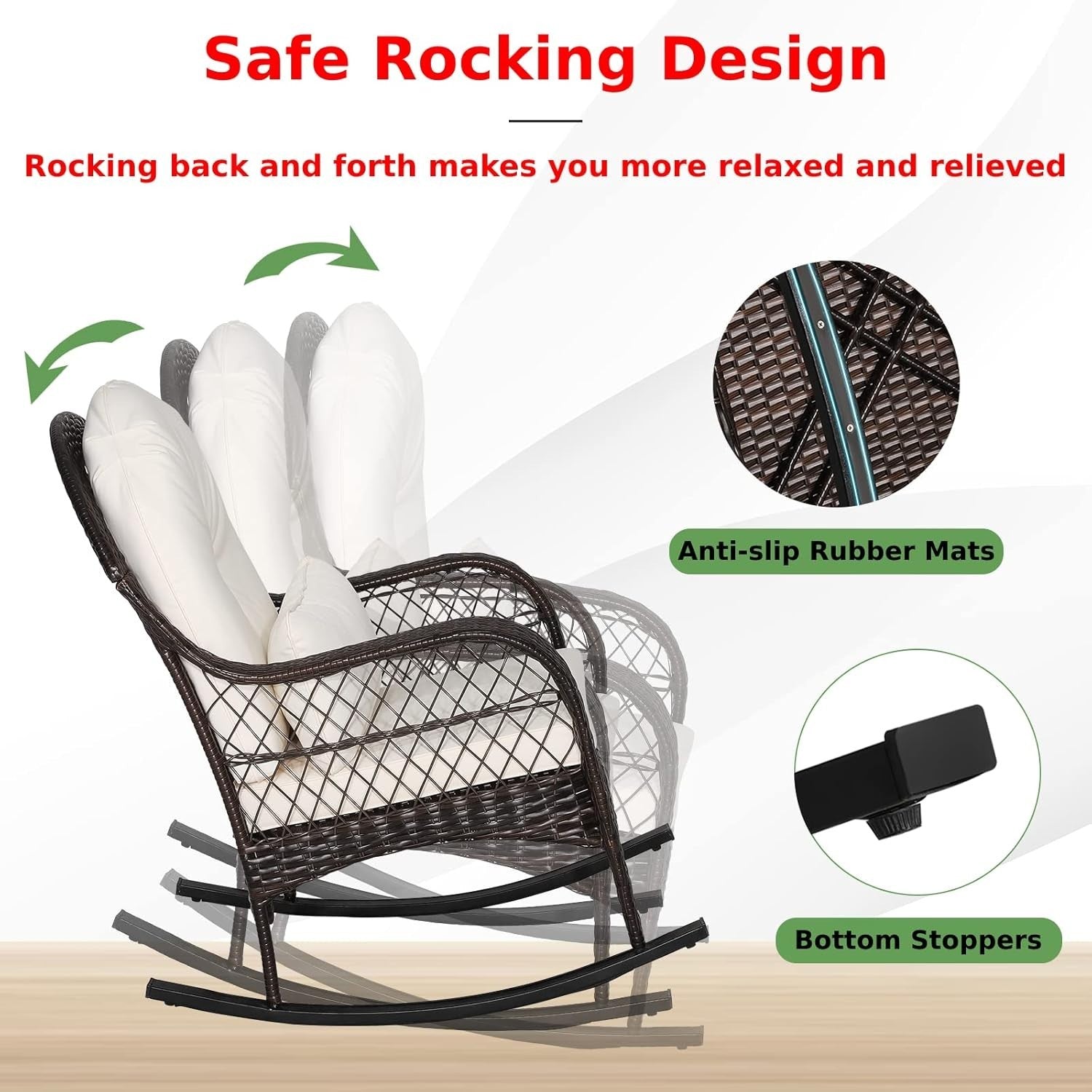 White Rattan Rocking Chair Cushioned Patio Garden Porch Outdoor Relax Armchair