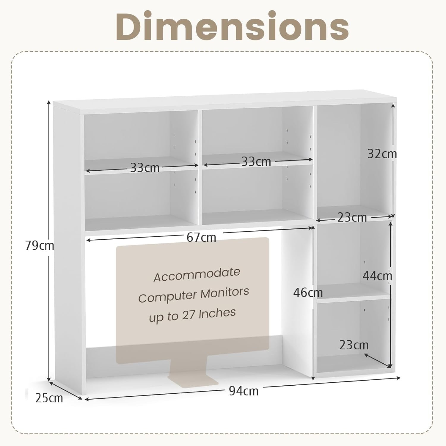 White Desktop Bookshelf 3-Shelf Adjustable Hutch Organizer Rack 94cm