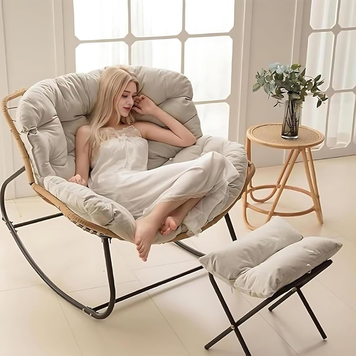 Oversized Rocking Chair with Footstool, Soft Cushion, Ergonomic Comfort