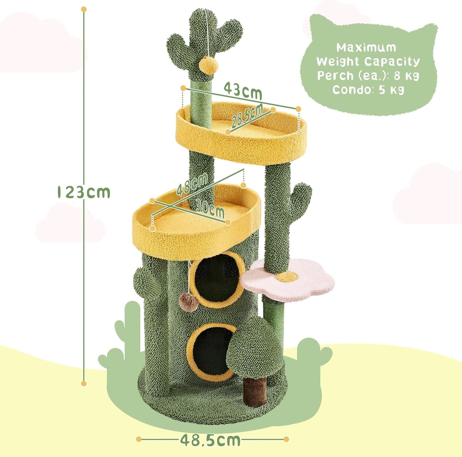 Cactus Cat Tree Tower 123cm Multi Level Scratching Post Condo Activity Centre