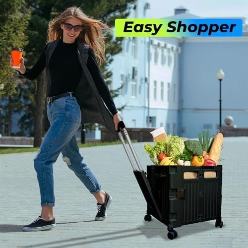 40KG Foldable Shopping Trolley 65L Cart with Lid 4 Wheels Handle