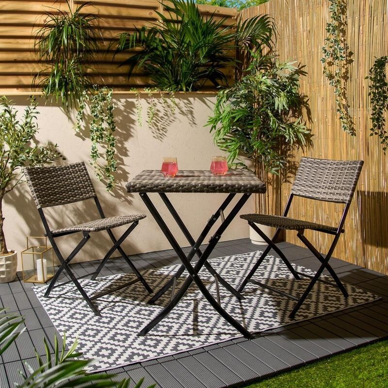 3pc Outdoor Rattan Bistro Set Garden Patio Chairs & Table Folding Waterproof